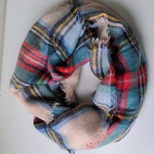 Aerie Oversized Scarf Cream Blue Red Plaid O/S